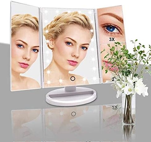 مرآة مكياج WEILY، مرآة مكياج ثلاثية الطي 1x /2x/3x مع 21 مصباح LED ومرآة شاشة تعمل باللمس قابلة للتعديل ومرايا لسطح الطاولة لمستحضرات التجميل (أبيض) in Saudi Arabia
