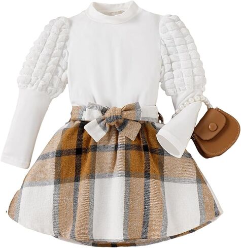 OYOANGLE Girl's Textured Long Puff Sleeve Tee Shirt and Plaid Bow Front Short Skirt Set Toddler Girl Summer Outfits in Saudi Arabia