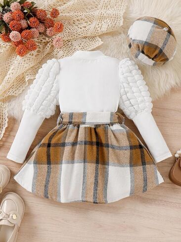 OYOANGLE Girl's Textured Long Puff Sleeve Tee Shirt and Plaid Bow Front Short Skirt Set Toddler Girl Summer Outfits in Saudi Arabia