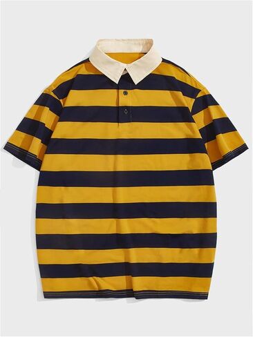 Men's Color Block Striped Collared Shirts Short Sleeve Drop Shoulder Button Front Golf Shirt Tops in Saudi Arabia