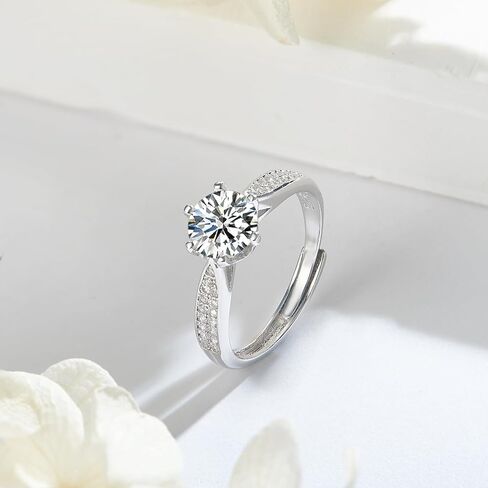 Adjustable Moissanite Rings for Women, Round Cut D Color VVS1 Clarity Lab Created Diamond Rings 925 Sterling Silver Plated with 18K White Gold Moissanite Engagement Rings for Women in Saudi Arabia