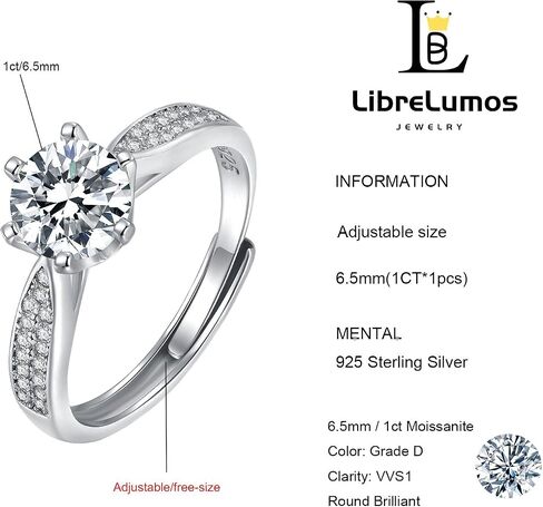 Adjustable Moissanite Rings for Women, Round Cut D Color VVS1 Clarity Lab Created Diamond Rings 925 Sterling Silver Plated with 18K White Gold Moissanite Engagement Rings for Women in Saudi Arabia