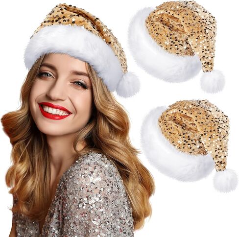 2 Pcs Sequin Santa Hat Christmas Hats with Shiny Sequin and Pompom for Adult Women Men Xmas New Year Party in Saudi Arabia