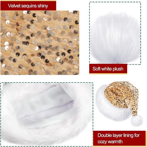 2 Pcs Sequin Santa Hat Christmas Hats with Shiny Sequin and Pompom for Adult Women Men Xmas New Year Party in Saudi Arabia