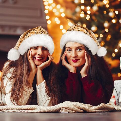2 Pcs Sequin Santa Hat Christmas Hats with Shiny Sequin and Pompom for Adult Women Men Xmas New Year Party in Saudi Arabia