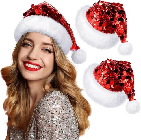 2 Pcs Sequin Santa Hat Christmas Hats with Shiny Sequin and Pompom for Adult Women Men Xmas New Year Party in Saudi Arabia