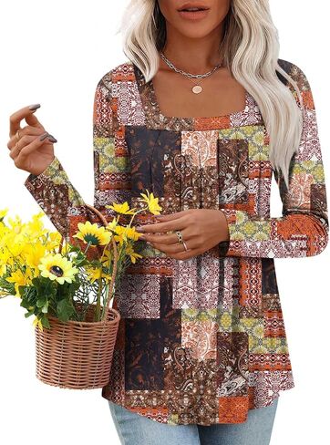 LONGYUAN Women's Long Sleeve Shirts Casual Tunic Tops 2024 Winter Fashion Square Neck Basic Loose Blouses in Kuwait