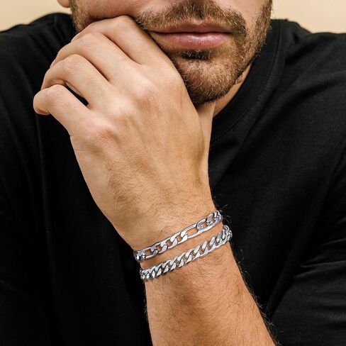 2Pcs Bracelets for Men Stainless Steel Chain Bracelet Set Gold Silver Black Cuban Link Figaro Chain Bracelets Jewelry Gifts for Dad Boyfriend Husband 8mm Width 6.5/7/7.5/8.5/9 Inches in Saudi Arabia