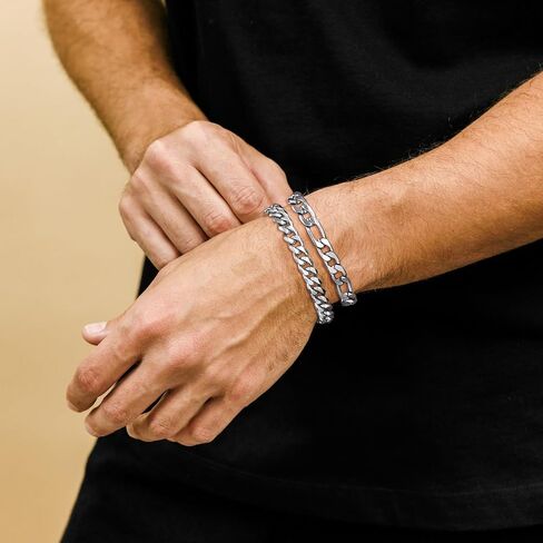 2Pcs Bracelets for Men Stainless Steel Chain Bracelet Set Gold Silver Black Cuban Link Figaro Chain Bracelets Jewelry Gifts for Dad Boyfriend Husband 8mm Width 6.5/7/7.5/8.5/9 Inches in Saudi Arabia