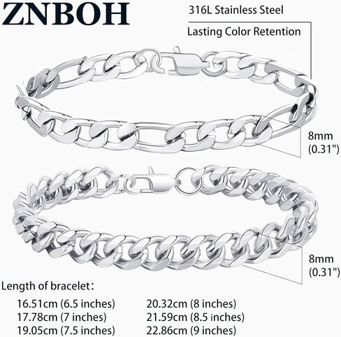 2Pcs Bracelets for Men Stainless Steel Chain Bracelet Set Gold Silver Black Cuban Link Figaro Chain Bracelets Jewelry Gifts for Dad Boyfriend Husband 8mm Width 6.5/7/7.5/8.5/9 Inches in Saudi Arabia