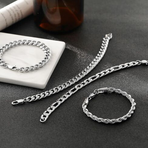 2Pcs Bracelets for Men Stainless Steel Chain Bracelet Set Gold Silver Black Cuban Link Figaro Chain Bracelets Jewelry Gifts for Dad Boyfriend Husband 8mm Width 6.5/7/7.5/8.5/9 Inches in Saudi Arabia