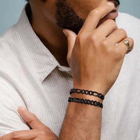 2Pcs Bracelets for Men Stainless Steel Chain Bracelet Set Gold Silver Black Cuban Link Figaro Chain Bracelets Jewelry Gifts for Dad Boyfriend Husband 8mm Width 6.5/7/7.5/8.5/9 Inches in Saudi Arabia