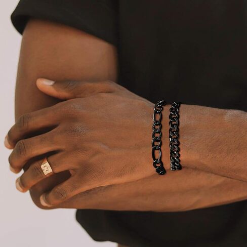 2Pcs Bracelets for Men Stainless Steel Chain Bracelet Set Gold Silver Black Cuban Link Figaro Chain Bracelets Jewelry Gifts for Dad Boyfriend Husband 8mm Width 6.5/7/7.5/8.5/9 Inches in Saudi Arabia