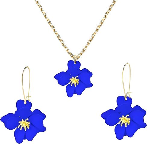 Dreuyet Charm Bohemian Daisy Flower Earring Necklaces Set for Women Elegant Matte Floral Long Petal Dangle Earrings Chic Layered Tiered Drop Earrings Seaside Holiday Jewelry in Kuwait