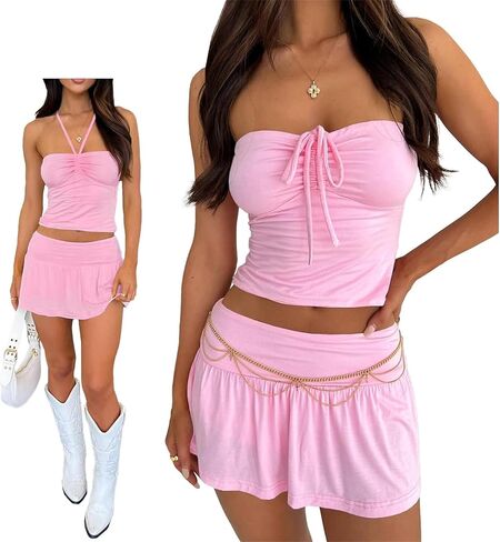 Women Sexy Summer 2 Piece Sets Drawstring Ruched Crop Tube Top Low Rise Ruffle Mini Skirts Sets Y2k Outfits in Saudi Arabia
