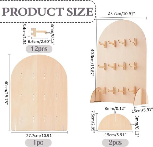 حامل عرض PH PandaHall Pegboard، حامل عرض سوار خشبي كبير على شكل قوس، حامل منظم المجوهرات على سطح الطاولة مع 12 خطافًا لبطاقات القرط، والقلائد، وسلاسل المفاتيح، وخشب Burlywood، 5.9x5.9x15.8 بوصة in Saudi Arabia