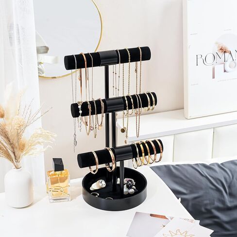ProCase Jewelry Holder Stand, 3 Tier Bracelet Organizer Display Necklace Storage Rack with Metal Tray, Jewelry Organizer Stand for Bangles Chains - Black in Saudi Arabia