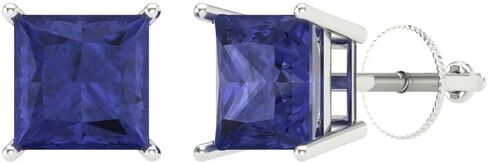 4.1 ct Brilliant Princess Cut Solitaire Genuine Simulated Tanzanite Pair of Stud Earrings Solid 18K White Gold Screw Back in Saudi Arabia