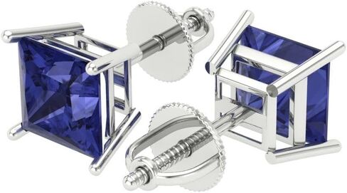 4.1 ct Brilliant Princess Cut Solitaire Genuine Simulated Tanzanite Pair of Stud Earrings Solid 18K White Gold Screw Back in Saudi Arabia