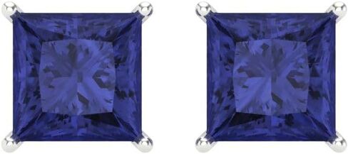 4.1 ct Brilliant Princess Cut Solitaire Genuine Simulated Tanzanite Pair of Stud Earrings Solid 18K White Gold Screw Back in Saudi Arabia