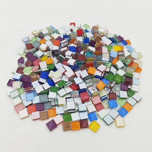 500g/1.1lb 210pcs Glass Mosaic Tiles,Mixed Colour Glass Mosaic Tiles for Crafts，Square Mosaic Tiles for Home Decoration or DIY Crafts,Iridescent Mosaic Glass Tiles (Iridescent Mixed Color, 0.59 inch) in Kuwait