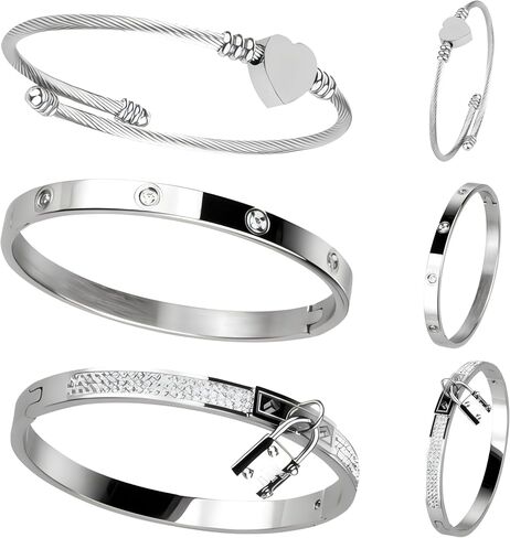Pack of 3 Bangle Bracelets for Women, Non-Tarnish Stainless Steel Bracelets, Waterproof & Trendy Fashion Jewelry, Classic Stackable Silver Colored Bangle Bracelets, Ideal Gift for Family & Loved Ones in Saudi Arabia