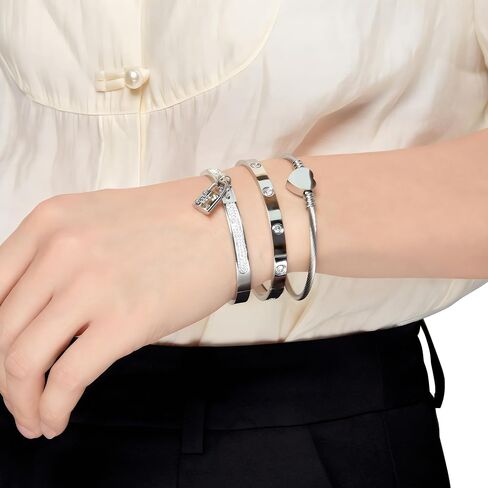 Pack of 3 Bangle Bracelets for Women, Non-Tarnish Stainless Steel Bracelets, Waterproof & Trendy Fashion Jewelry, Classic Stackable Silver Colored Bangle Bracelets, Ideal Gift for Family & Loved Ones in Saudi Arabia