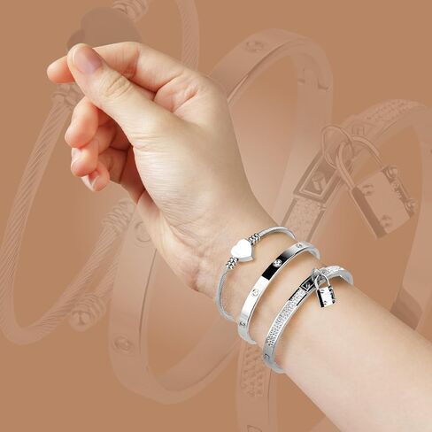 Pack of 3 Bangle Bracelets for Women, Non-Tarnish Stainless Steel Bracelets, Waterproof & Trendy Fashion Jewelry, Classic Stackable Silver Colored Bangle Bracelets, Ideal Gift for Family & Loved Ones in Saudi Arabia