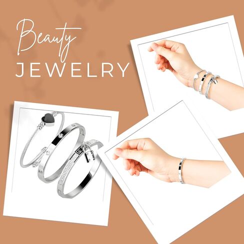 Pack of 3 Bangle Bracelets for Women, Non-Tarnish Stainless Steel Bracelets, Waterproof & Trendy Fashion Jewelry, Classic Stackable Silver Colored Bangle Bracelets, Ideal Gift for Family & Loved Ones in Saudi Arabia