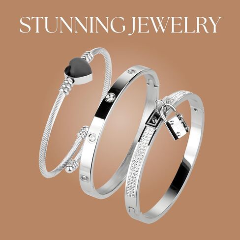 Pack of 3 Bangle Bracelets for Women, Non-Tarnish Stainless Steel Bracelets, Waterproof & Trendy Fashion Jewelry, Classic Stackable Silver Colored Bangle Bracelets, Ideal Gift for Family & Loved Ones in Saudi Arabia