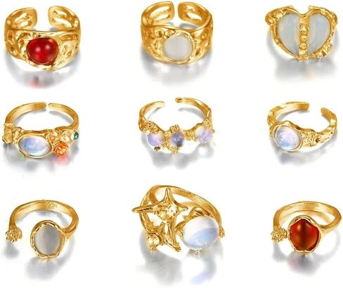 مجموعة خواتم ذهبية مكتنزة خواتم بوهو قابلة للتكديس للإصبع خواتم المفصل خمر مجموعات حفلة موسيقية زي اكسسوارات للنساء in Kuwait