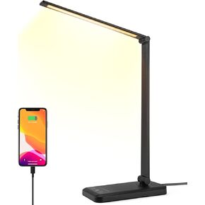 Led Desk Lamp, Desk Lamp with USB Charging Port, 5 Color Modes, 10 Brightness, Natural Light, Eye Caring Reading Lamp, Desk Light for Home Office, Table Lamp, Touch Control, Auto-Timer, Pink