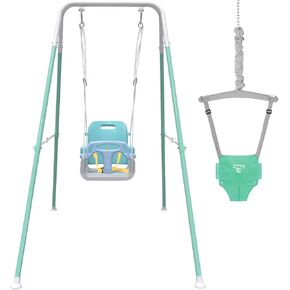 2 in 1 Toddler Swing & Baby Jumper, Baby Bouncer Jumper with 4 Sandbags for Stability, Foldable Baby Swing Outdoor & Indoor Use, Easily Installable and Storable Swing Sets for Backyard (Blue)