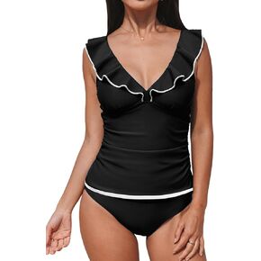 CUPSHE Women's Tankini Sets Two Piece Swimsuit V Neck Ruffled Adjustable Straps Ruched (XS-4XL)