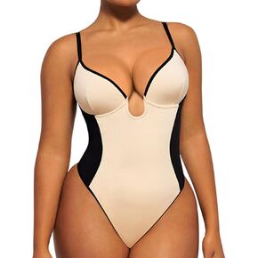 SHAPELLX Shapewear Bodysuit for Women Thong Backless Body Shaper Tummy Control U Plunge Strapless Top Corset Bodysuit