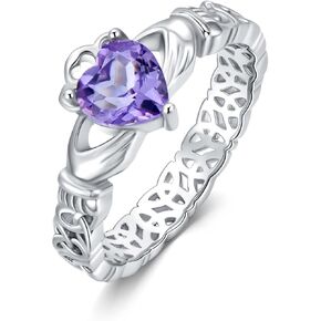 Natural Amethyst Claddagh Rings for Women 925 Sterling Silver Irish Rings with Heart Purple Crystal Jewelry Gift for Wife
