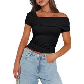 Women's One Off The Shoulder Top - Short Sleeve Ruched Going Out Crop Top Slim Fit Y2K T Shirt