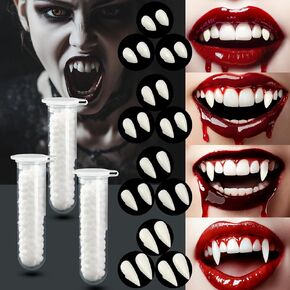 Vampire Teeth, 12 Pairs 4 Size Vampire Fangs with 3 Teeth Glue, Halloween Horror False Teeth Dentures
