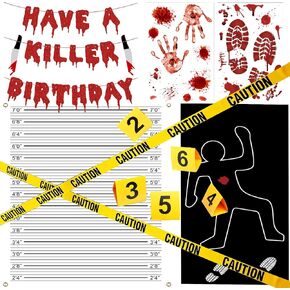 Halloween Crime Scene Decorations Kit Have A Killer Birthday Banner Body Silhouette Crime Scene Tape Evidence Markers Mugshot Backdrop for Detective Murder Mystery Party Decorations