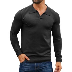 Mens Knit Polo Shirts Casual V Neck Slim Fit Polo Shirts Long Sleeve Wool Knit Pullover Sweater