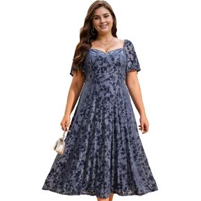 Ever-Pretty Plus Womens Sweetheart Neckline Fall Velvet Plus Size Tea Length Causal Wedding Guest Dress with Sleeves 02271-DA