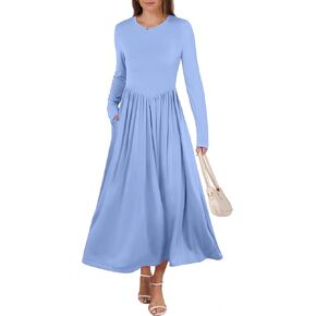 ANRABESS Women's Long Sleeve Midi Dress 2024 Fall Crewneck Knit Casual Slim Swing Pleated Dresses with Pockets