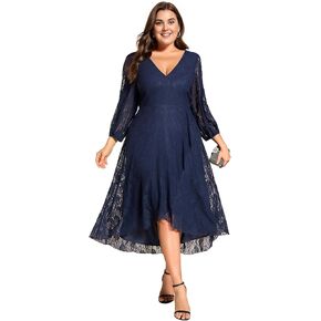 Ever-Pretty Women's V Neck Lace Fall Winter Formal Dresses Plus Size Midi Wedding Guest Dresses with Lantern Sleeves 02238-DA