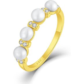Pearl Stackable Rings For Women, 925 Sterling Silver Freshwater Cultured Pearl Rings Cubic Zironia Eternity Band Jewelry