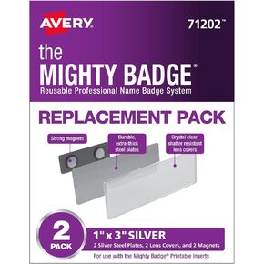 The Mighty Badge by Avery, 1" x 3" Silver Name Badge Replacement Pack, 2 Name Tags (71202)