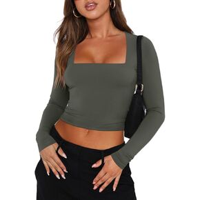 REORIA Double Lined Shirts for Women 2024 Fall Fashion Square Neck Basics Y2K Tops Layering Slim Fitted Top