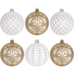XmasExp Vintage Rustic Christmas Ball Ornaments Sets, 3.15" Plastic Farmhouse Distressed Tree Decorations Shatterproof Antique Traditional Style Xmas Hanging Ornaments （White Gold, 6Pcs
