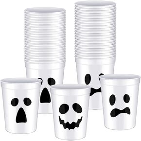 Tanlade 48 Pcs Disposable Halloween Cups Kids 16 oz Plastic Ghost Cups Halloween Disposable Cups Halloween Party Plastic Cups for Drinking Beverage Beer Juice Soda Snacks Punch Party Decorations