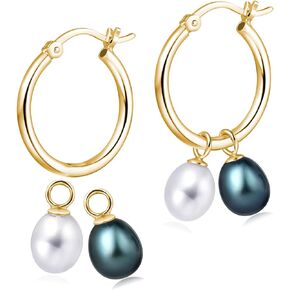 MOLAH 925 Silver Multi-use Hoop Sade Earrings 7-7.5mm Cultured Freshwater Drop White and Black Peacock Pearl 4-in-1 Yellow Gold Plated