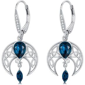 AOBOCO 925 Sterling Silver Celtic Moon Earrings, Crescent Moon Dangle Earrings with Birthstone Crystal, Birthday Jewelry for Women Girls